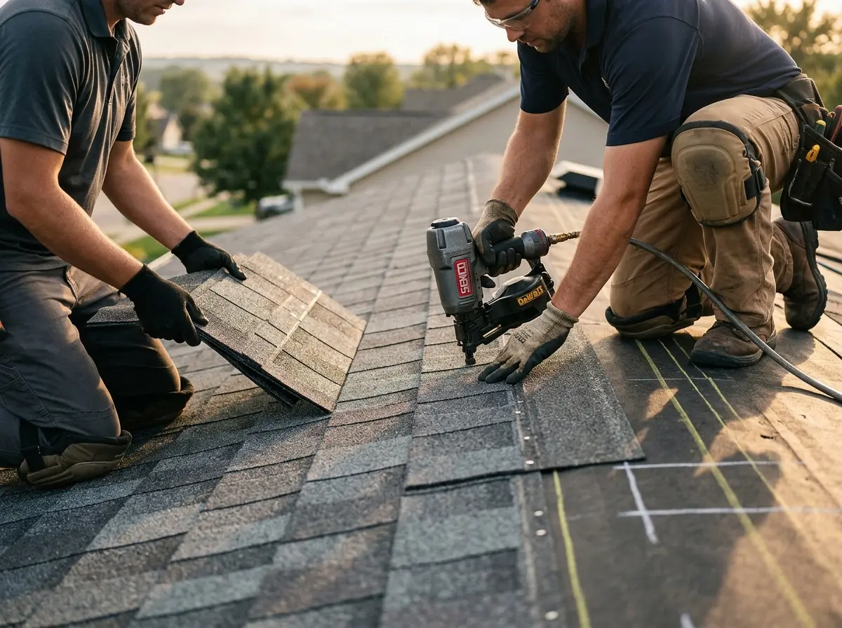 Professional roofer working on a residential roof in Crystal City